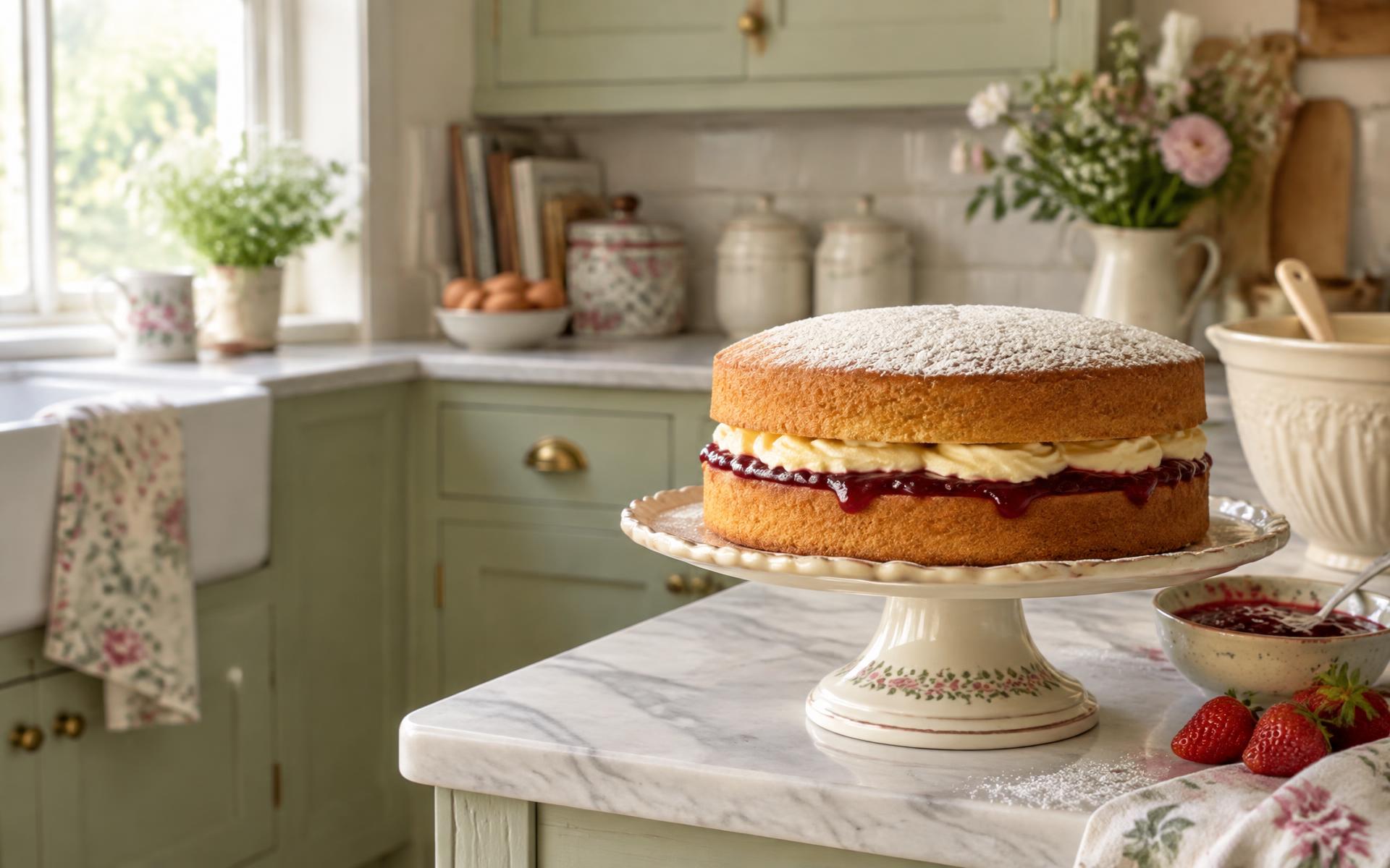 Fresh Victoria sponge on a cake stand in a cosy kitchen